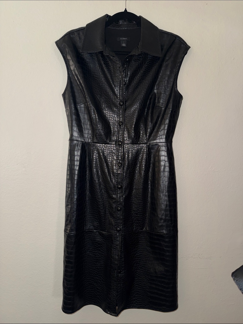 Halogen Button-Front Faux Croc Midi Dress in Black